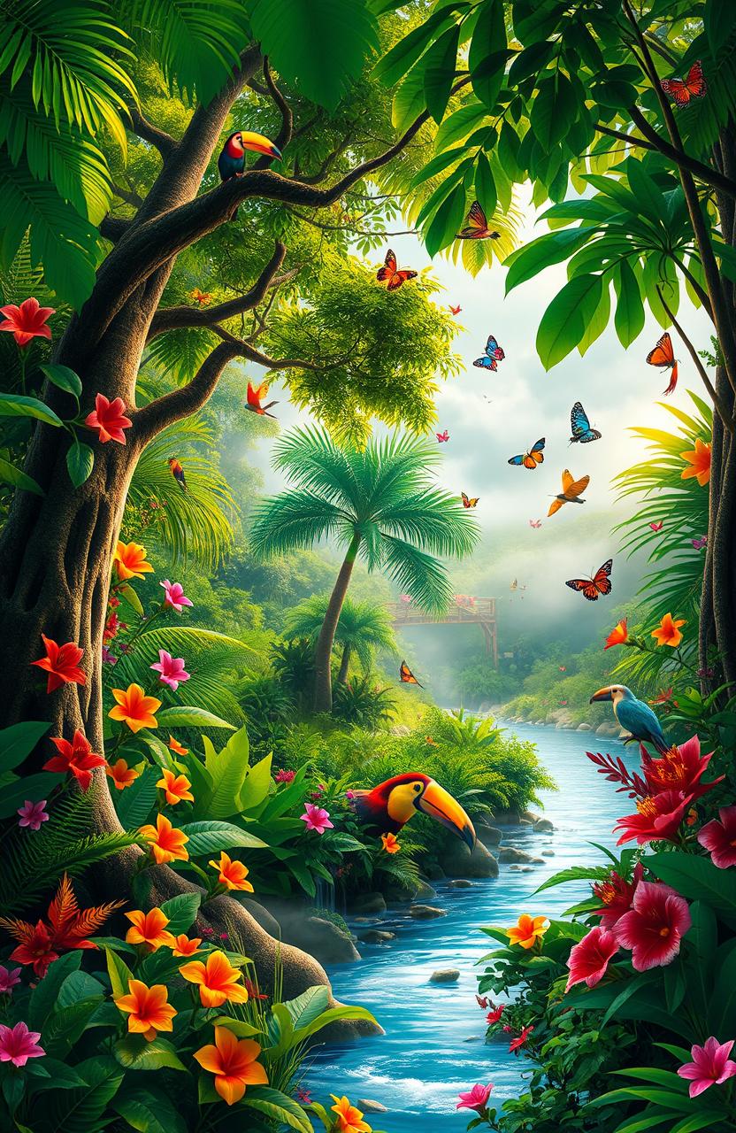 A vibrant and lush jungle scene depicting a range of vivid green foliage, large tropical trees with thick trunks, colorful flowers in bright hues, and a serene river flowing through the dense vegetation