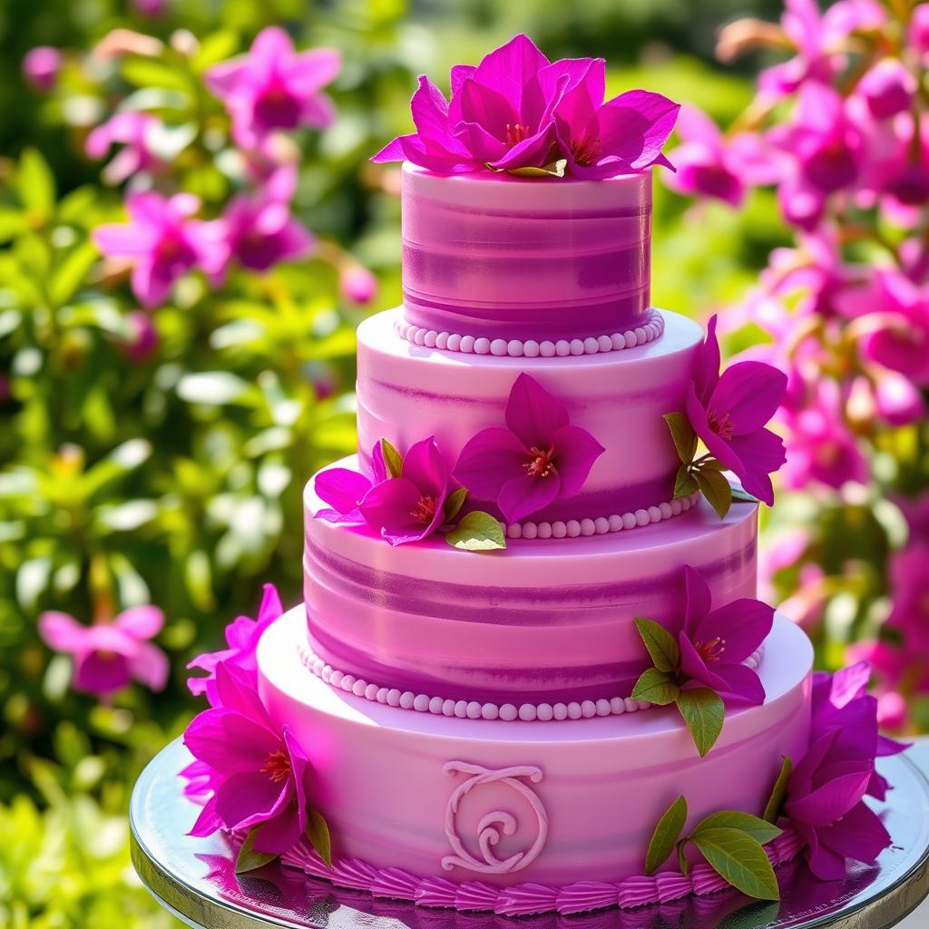 A beautifully designed cake inspired by fuchsia flowers, showcasing vibrant shades of purples and pinks