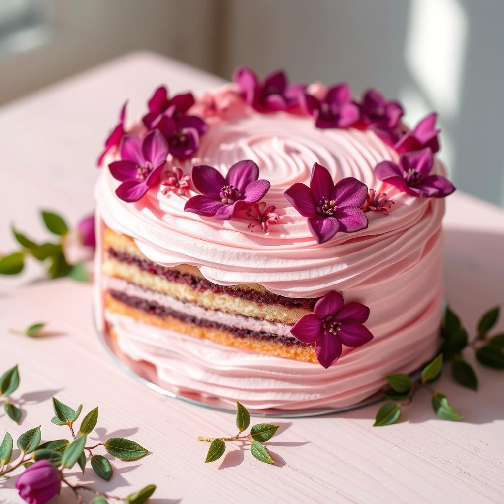 A beautifully crafted bento cake styled in soft pinks and rich purples, showcasing intricate decorations made with fuchsia flowers