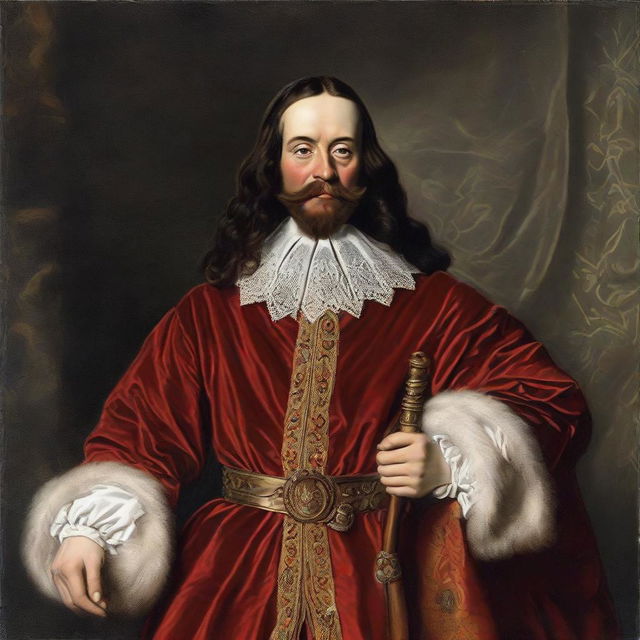 King Charles I of England dressed up as Santa Clause, wearing a royal fur-lined Santa outfit, holding a staff with a bag of gifts slung over the shoulder.