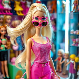 A life-like Barbie doll version of a person, featuring vibrant pink clothing with sparkles, flowing blonde hair styled in a ponytail, standing in a stylish pose