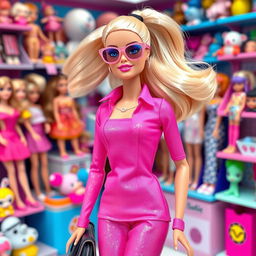 A life-like Barbie doll version of a person, featuring vibrant pink clothing with sparkles, flowing blonde hair styled in a ponytail, standing in a stylish pose