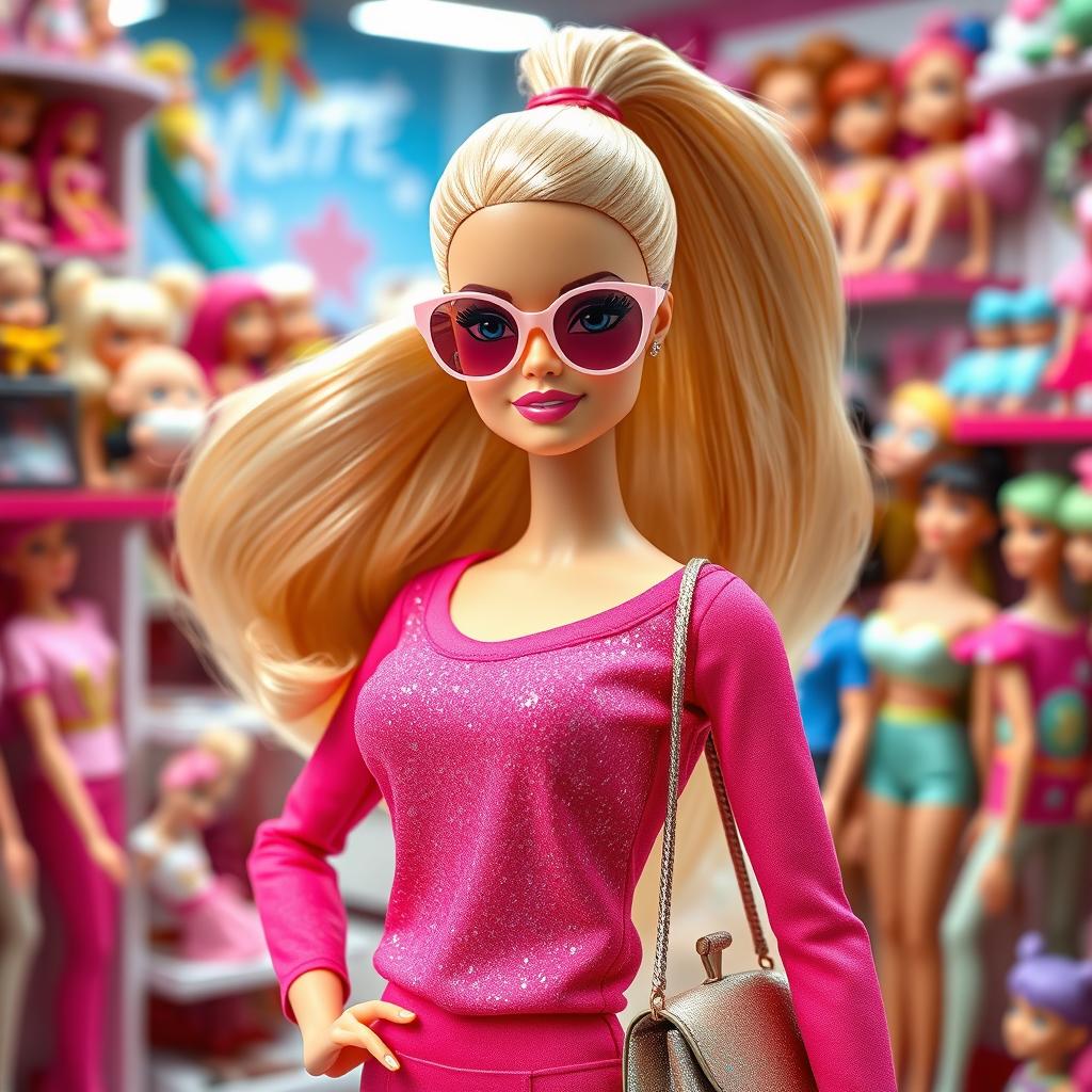 A life-like Barbie doll version of a person, featuring vibrant pink clothing with sparkles, flowing blonde hair styled in a ponytail, standing in a stylish pose