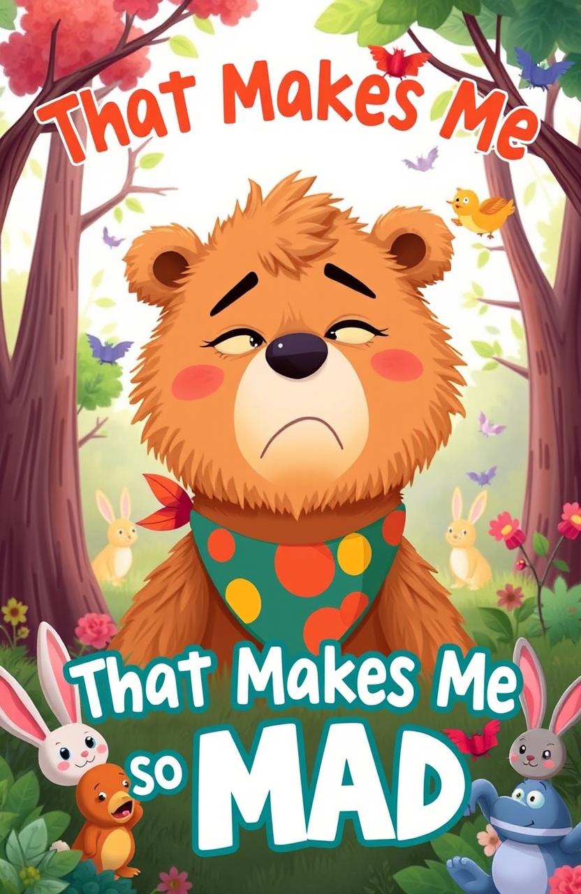 A charming cover for a children's book titled "That Makes Me So Mad" featuring a whimsical teenage bear with an expressive face, showcasing a mixture of emotions like anger, frustration, and humor