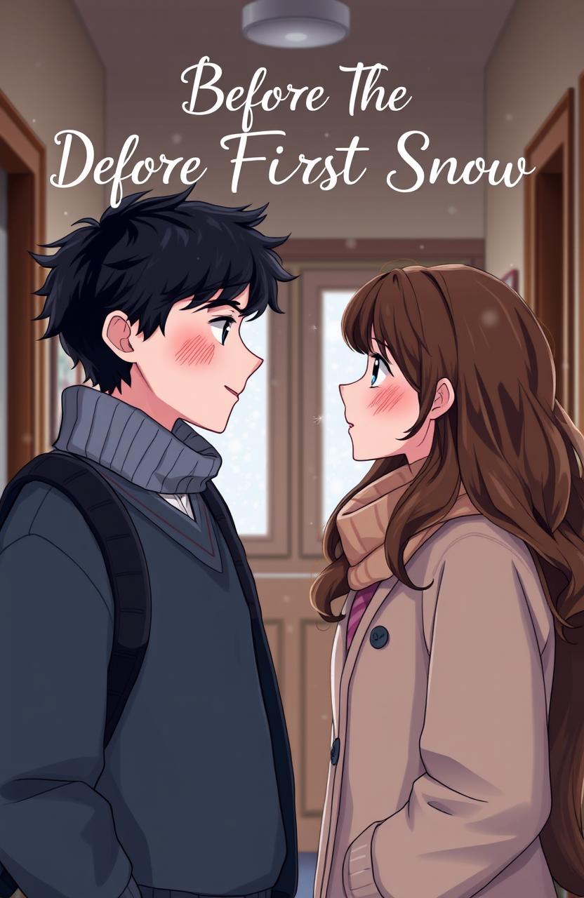 Two school teenagers, a boy and a girl, standing face to face in a cozy school hallway, both with rosy blushes on their cheeks, their eyes sparkling with excitement and nervousness