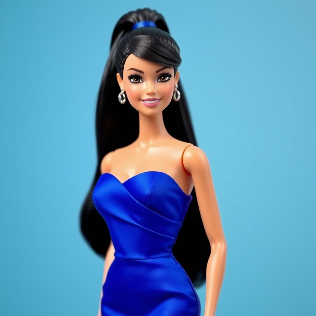 A stylish Barbie doll wearing a beautiful blue dress, sporting a lovely smile