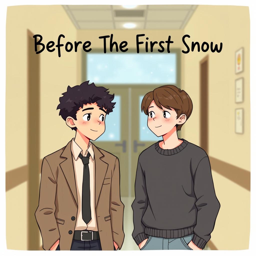 Two school boy teenagers, standing face to face in a warm school hallway, both with adorable blushes on their cheeks, their expressions a mix of excitement and shyness