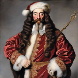 King Charles I of England dressed up as Santa Clause, wearing a royal fur-lined Santa outfit, holding a staff with a bag of gifts slung over the shoulder.