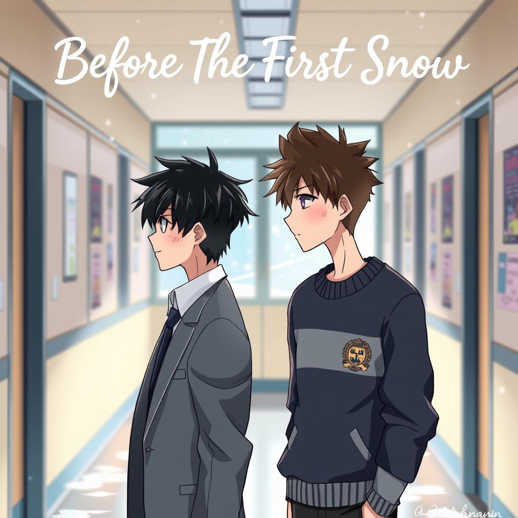 Two handsome Japanese school boy teenagers standing face to face in a vibrant school hallway, both with charming blushes on their cheeks reflecting shyness and excitement