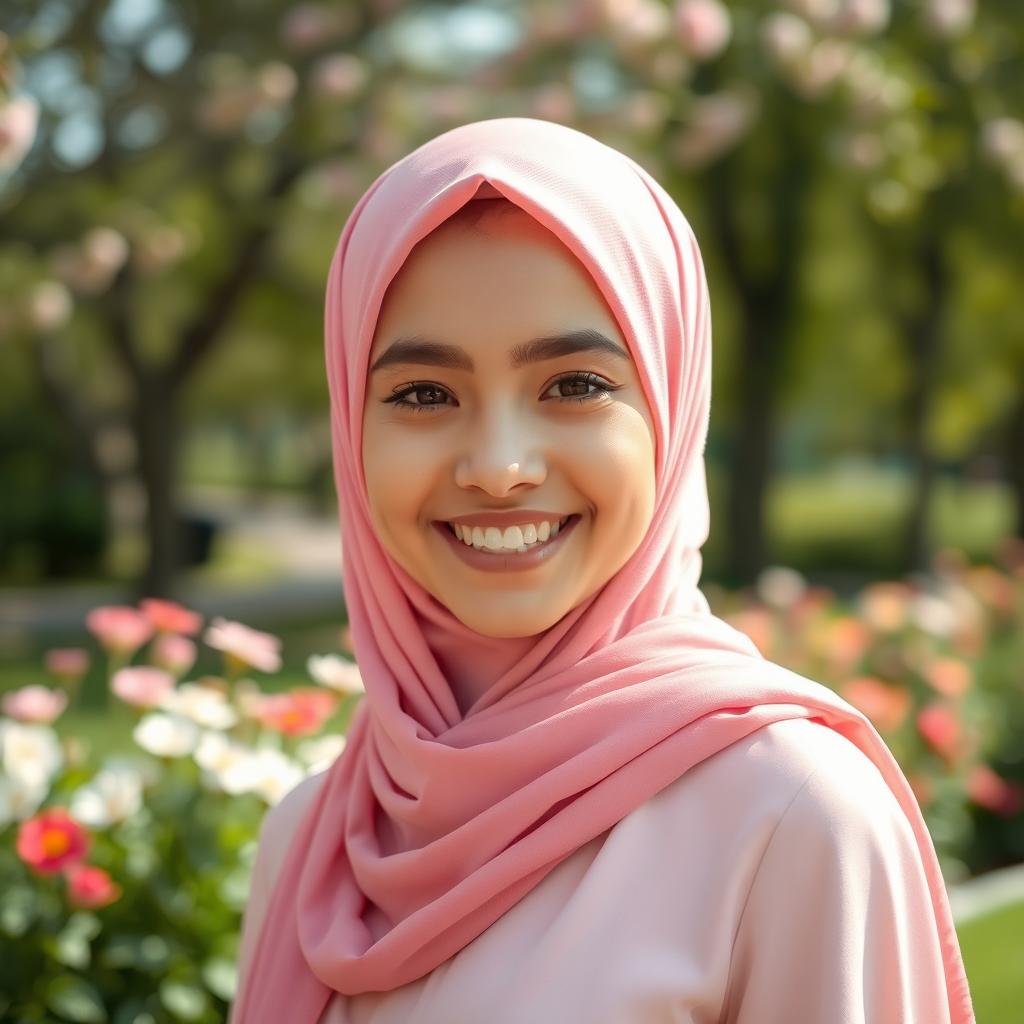 A beautiful girl wearing a pink hijab, her face radiating warmth and kindness