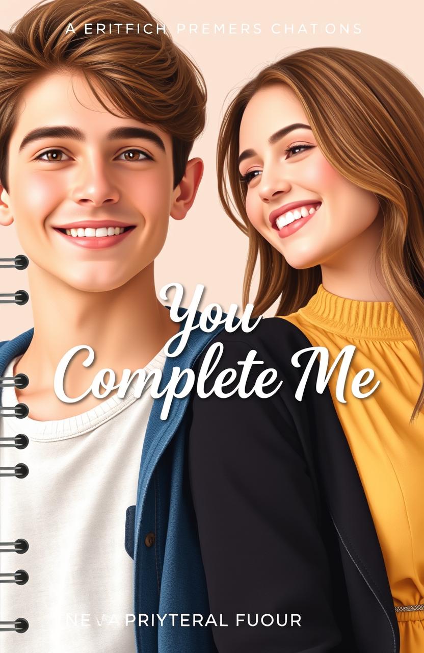 A book cover design featuring a portrait of a young man aged 18 years and a young woman, facing each other with a romantic and cheerful expression