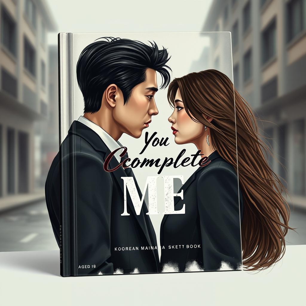 A book cover design featuring a young man aged 18 years with a Korean mafia style, including a sharp suit and slicked-back hair, facing a young woman with long, flowing hair