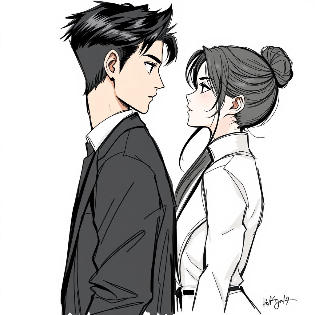 A sketch illustrating a face-to-face scene between an 18-year-old male character in a Korean mafia style, inspired by manhwa art