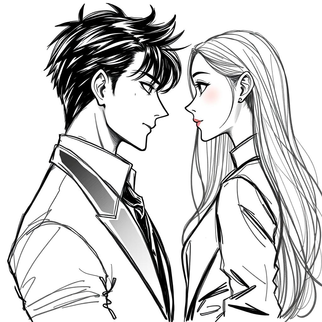 A sketch depicting a face-to-face scene between a handsome, tall 18-year-old male character in a Korean mafia style, characterized by a well-built physique and elegant, tailored clothing