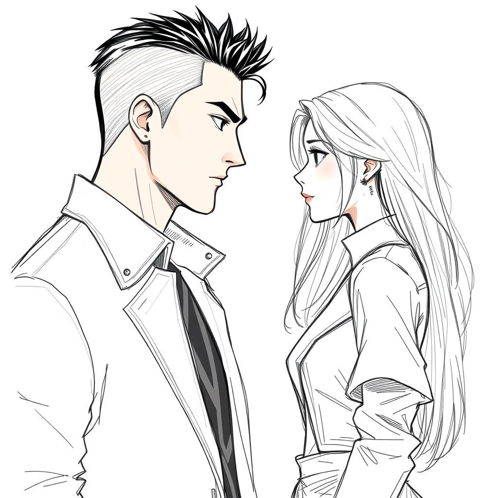 A sketch showcasing a face-to-face encounter between a handsome, tall 18-year-old male character embodying a Korean mafia style, featuring a well-built physique and stylish attire typical of the genre