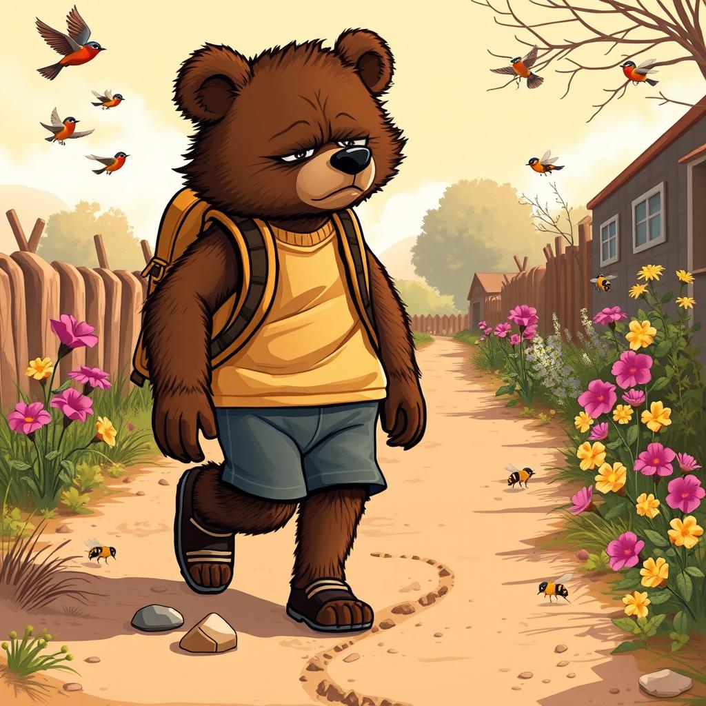 A picturesque illustration depicting Alexander Bear, a handsome teenage bear who dresses and looks like a human, walking on a dusty, dry lane on his way home from school