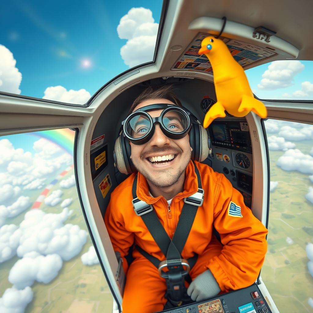 A humorous scene inside a small airplane cockpit featuring a man comically squeezed into the pilot's seat