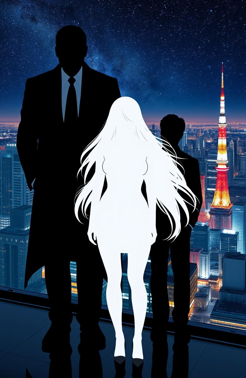 A black shadowy ghost silhouette of a man standing menacingly behind a woman with long, flowing hair, who is visible as a white silhouette in front of him