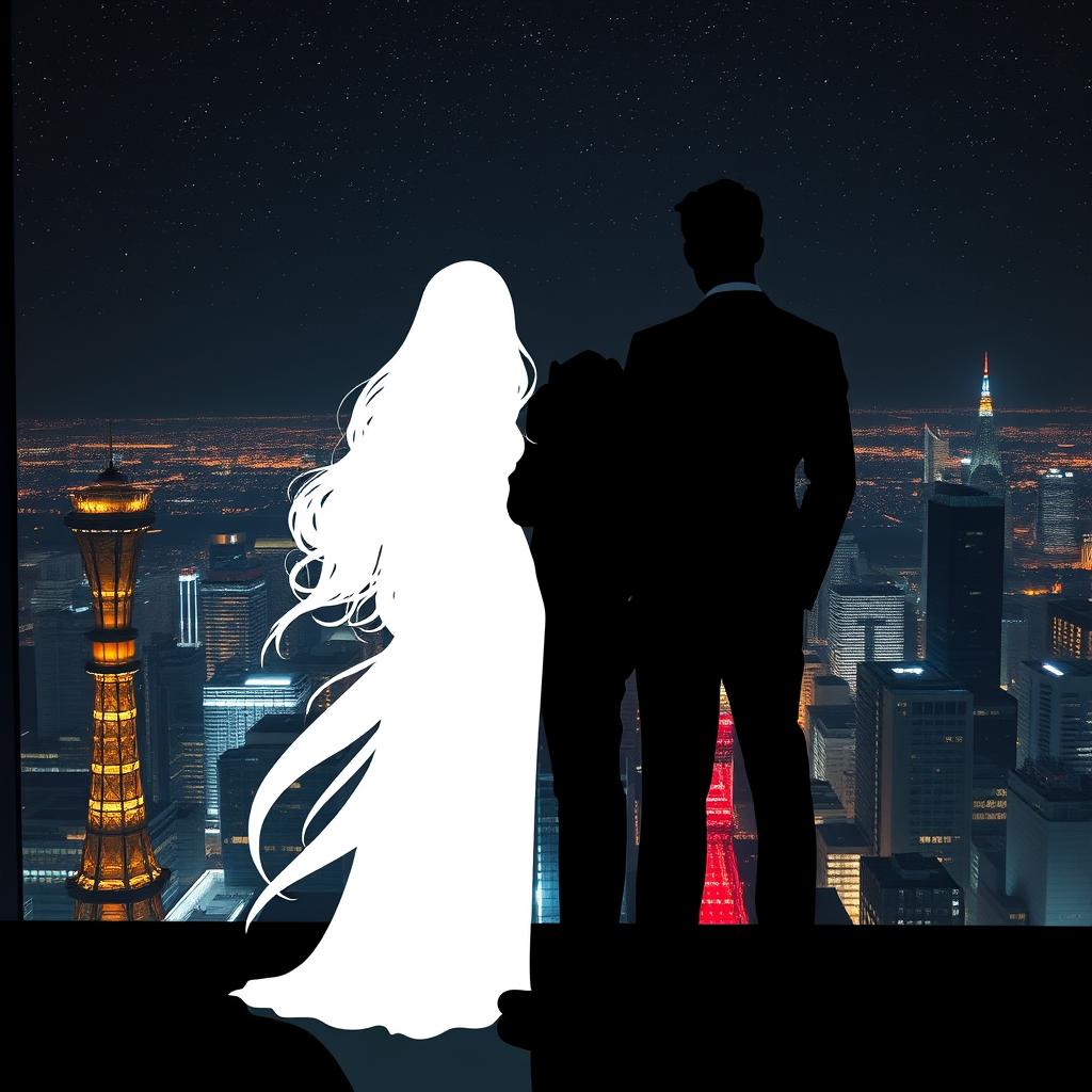 A black shadowy ghost silhouette of a man standing next to a woman with long, flowing hair, who is presented as a white silhouette in front of him
