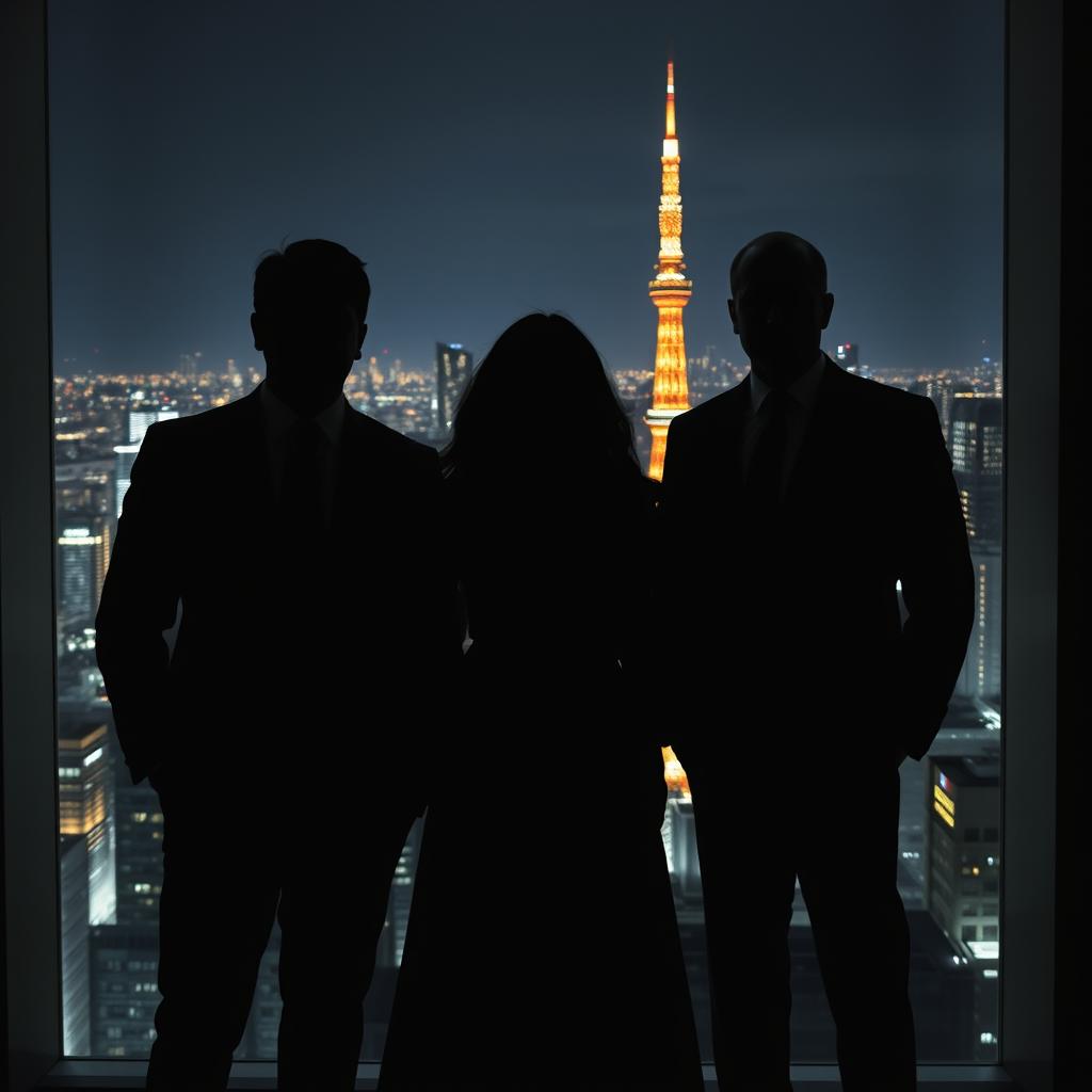 A black shadowy ghost silhouette of a man standing next to a woman, whose long hair creates an elegant silhouette in front of him