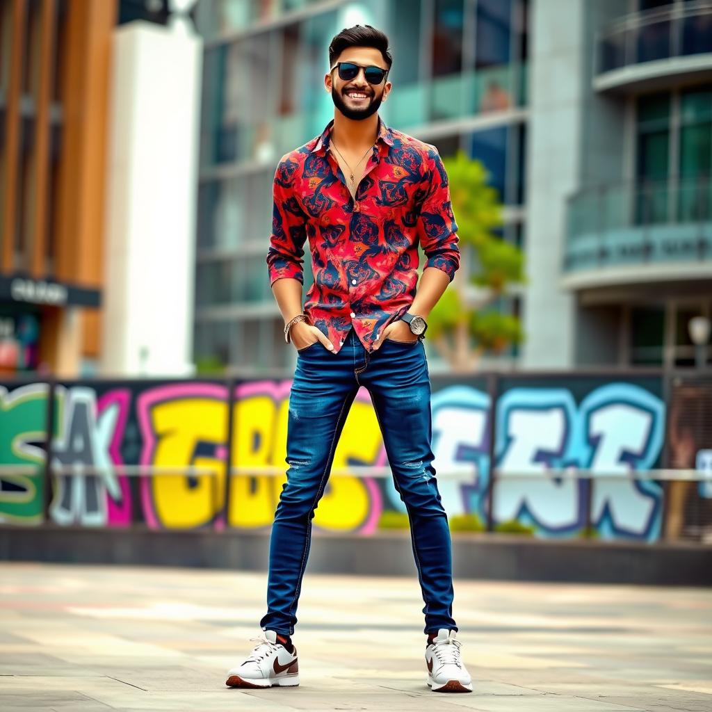 A fashionable and stylish person, dressed in a trendy outfit that includes a vibrant, patterned shirt, fitted jeans, and stylish sneakers