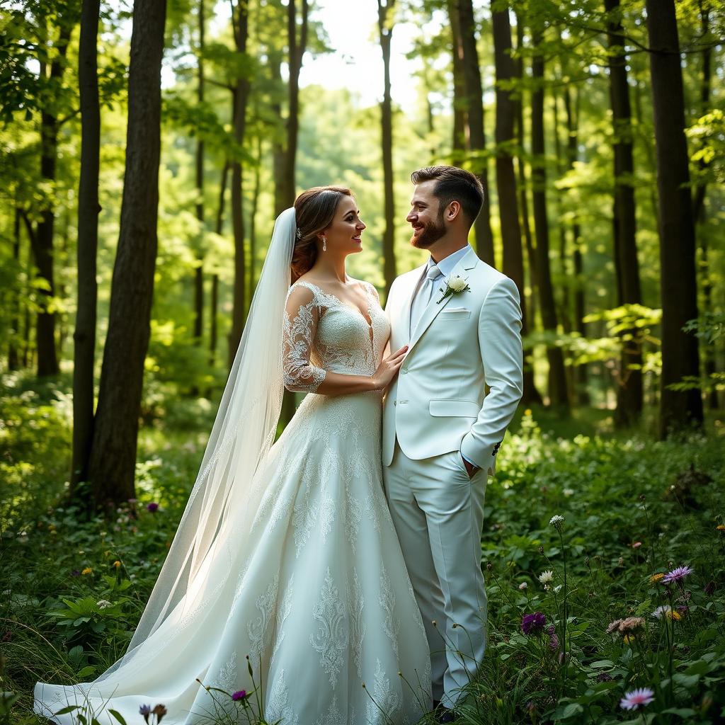 A beautiful couple dressed in elegant wedding attire, standing together in a lush, green forest