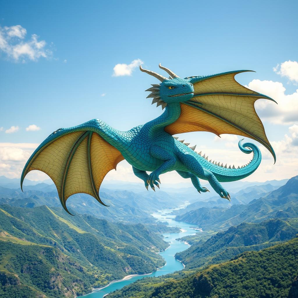 A magnificent lazure dragon soaring gracefully through a clear blue sky