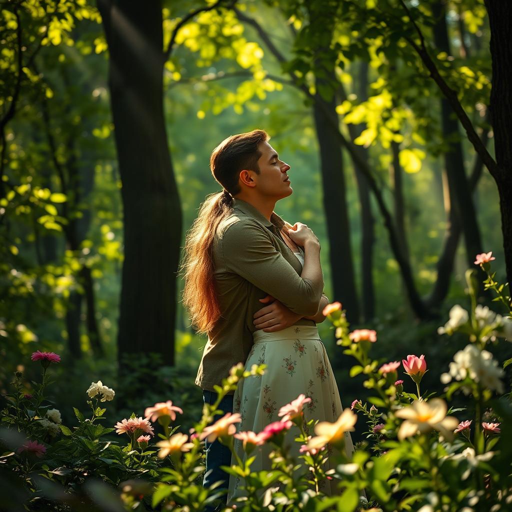 A romantic scene in a lush green forest where a tall man is kissing a woman who is hugging him tightly