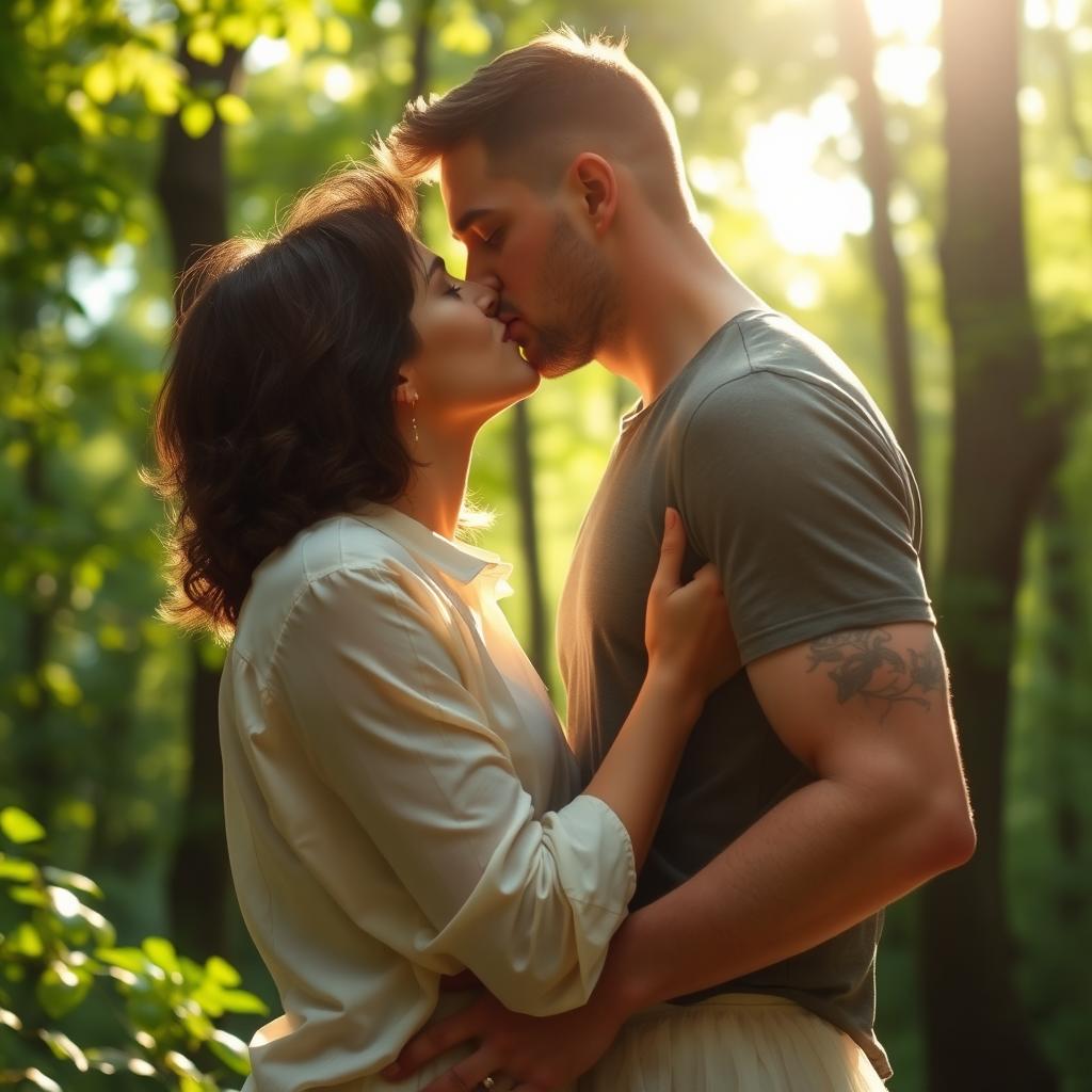 A passionate kiss between a tall man and a woman in a lush forest