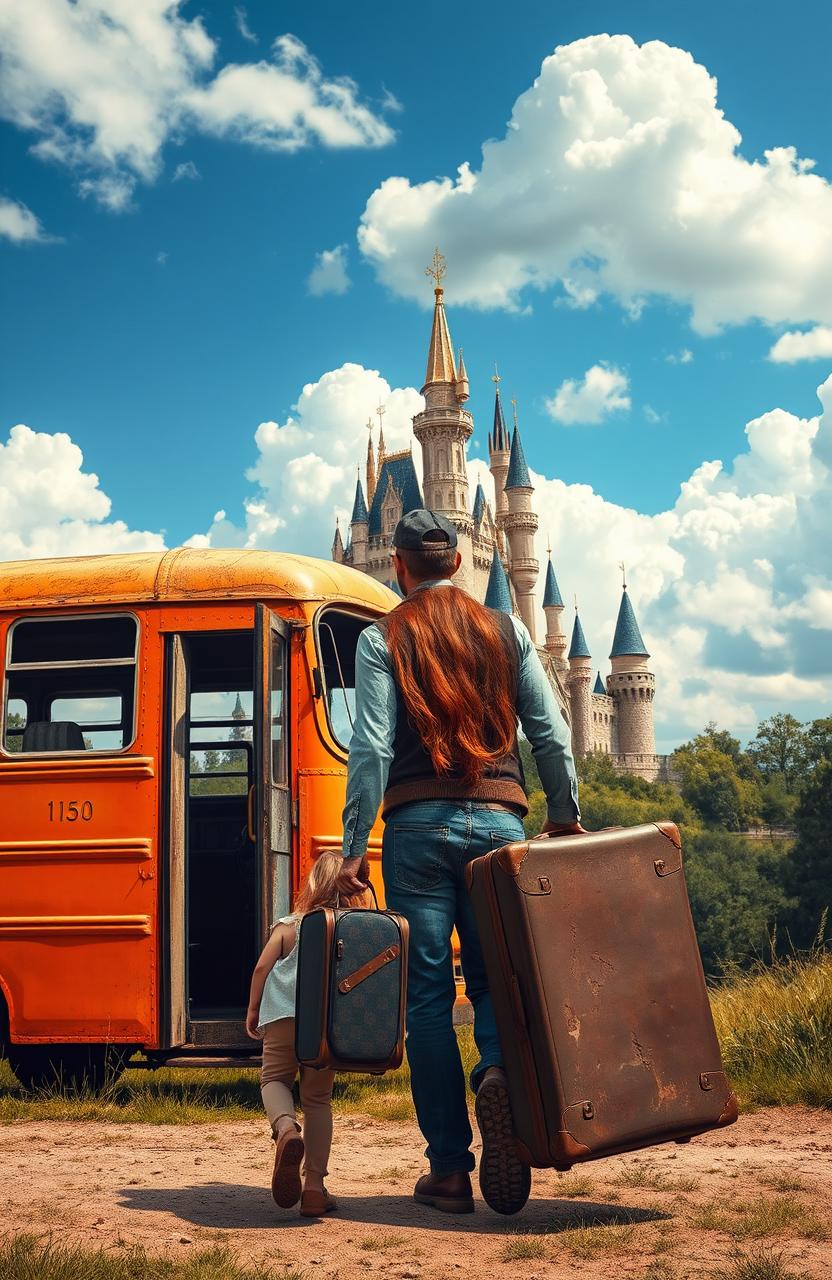 A scene depicting a man and a girl walking towards an old, orange bus that is in poor condition