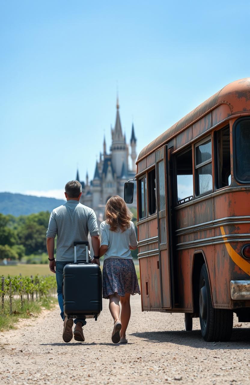 A man and a girl walking towards an old, smoky orange bus in poor condition