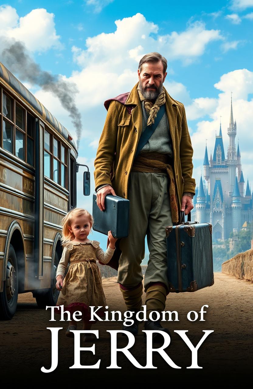 A tall majestic man in worn but noble attire walking alongside a little girl dressed in tattered rags, as they approach an old bus emitting smoke from its side