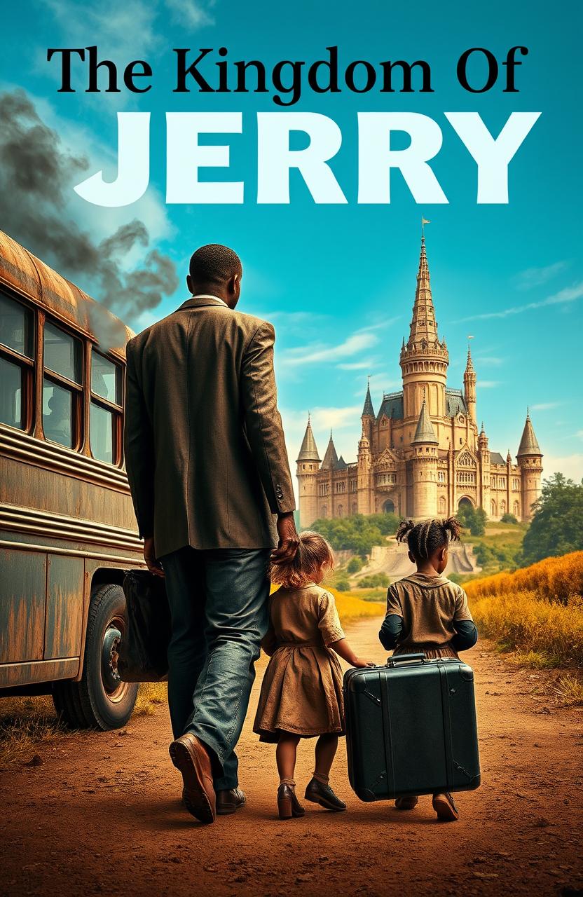 A tall, majestic black man and a little girl are walking towards an old bus, seen only from behind