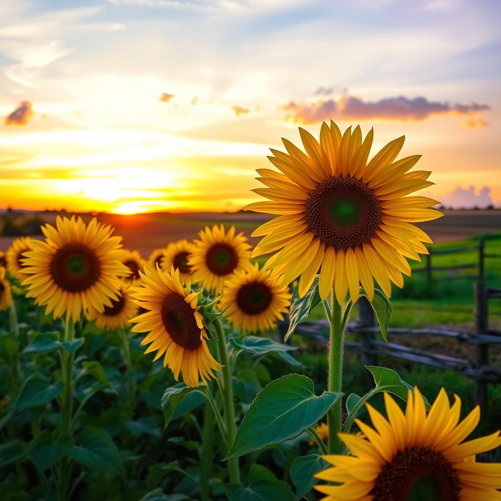 A vibrant sunflower field at sunset, with large, golden sunflowers swaying gently in the breeze