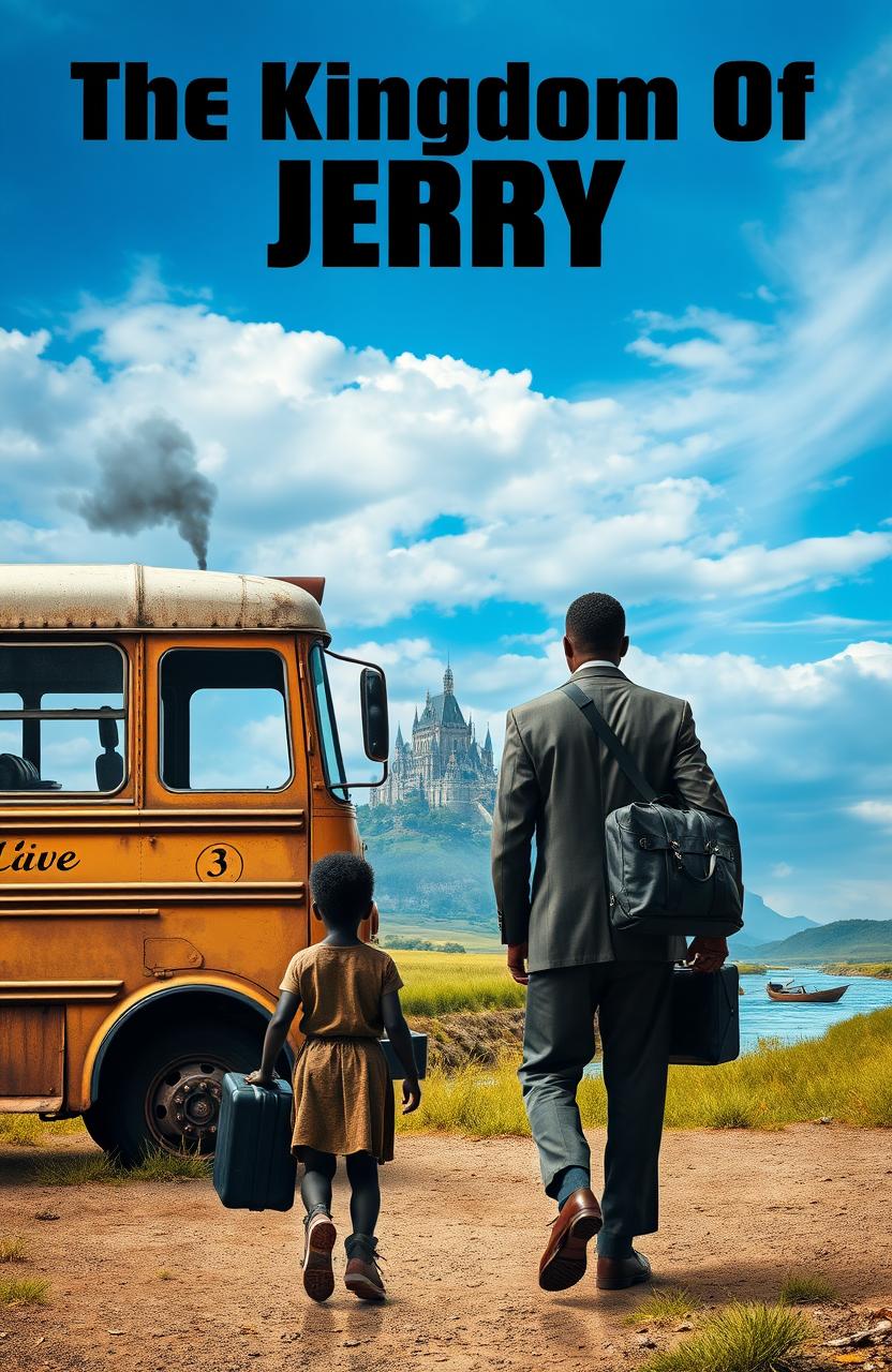 A tall, majestic black man and a small black girl walking towards an old bus, seen from behind