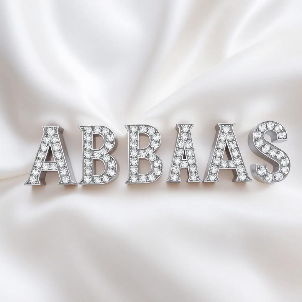 The word 'ABBAS' intricately designed with sparkling, pure diamonds embedded throughout, arranged meticulously to reflect light at various angles, giving it a dynamic shimmer with every movement