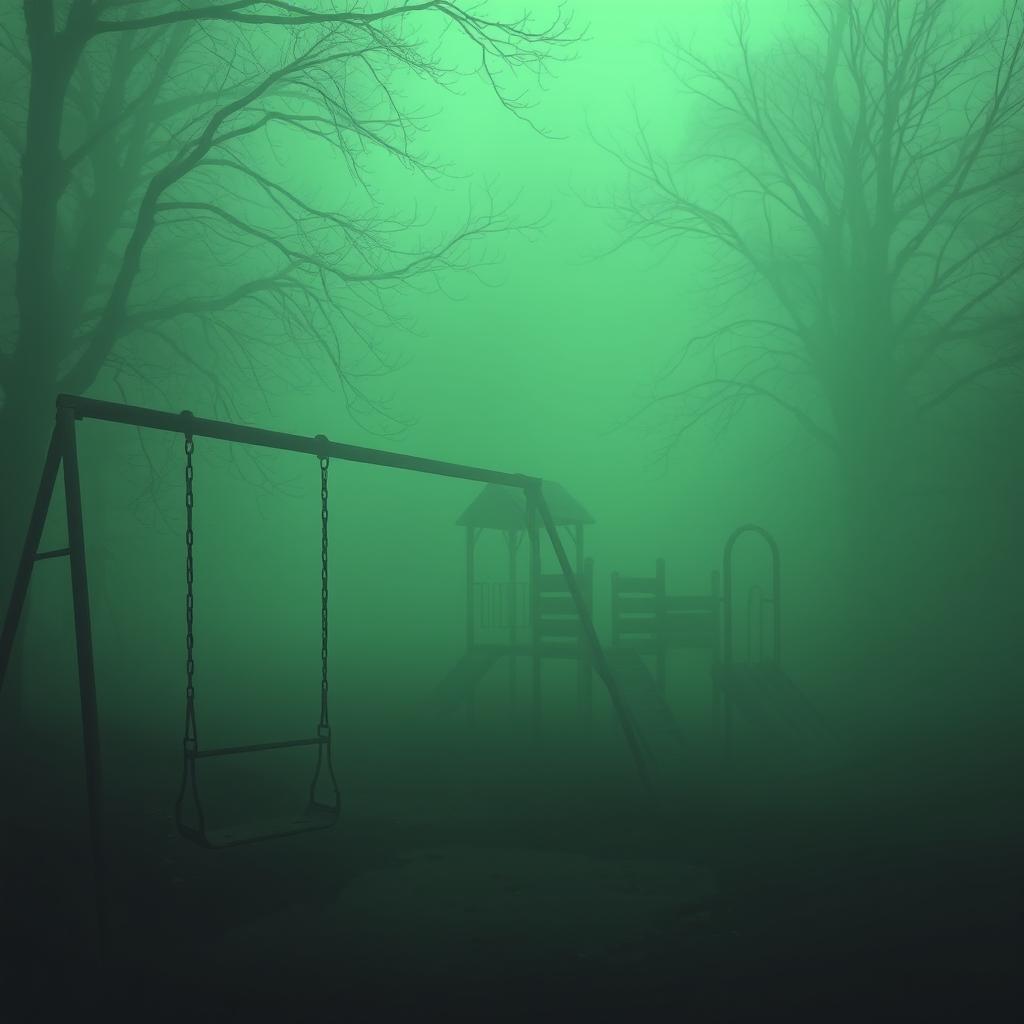 A mysterious, eerie scene of an empty playground enveloped in thick, swirling green fog