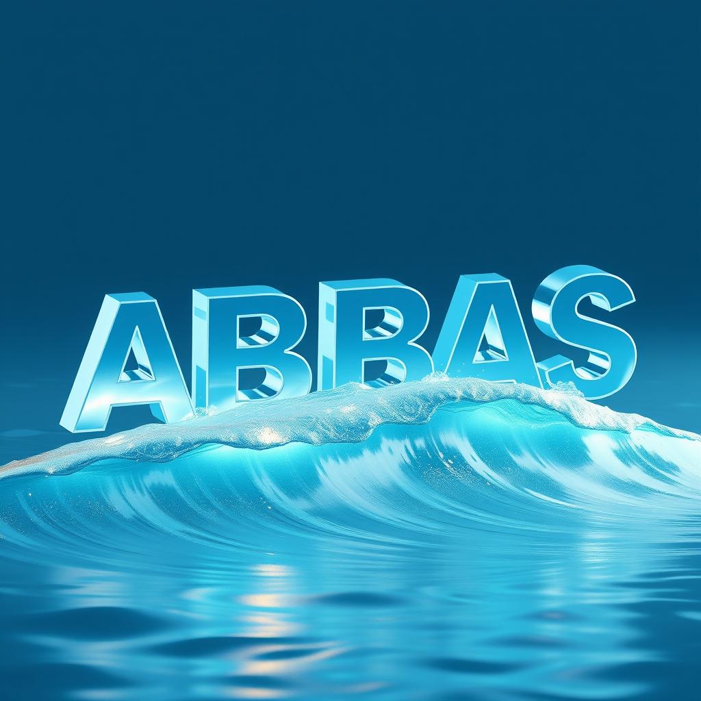 A 3D representation of the word 'ABBAS' in a color reminiscent of sea water, artistically designed to float above a stylized wave gently breaking on the surface of a calm ocean