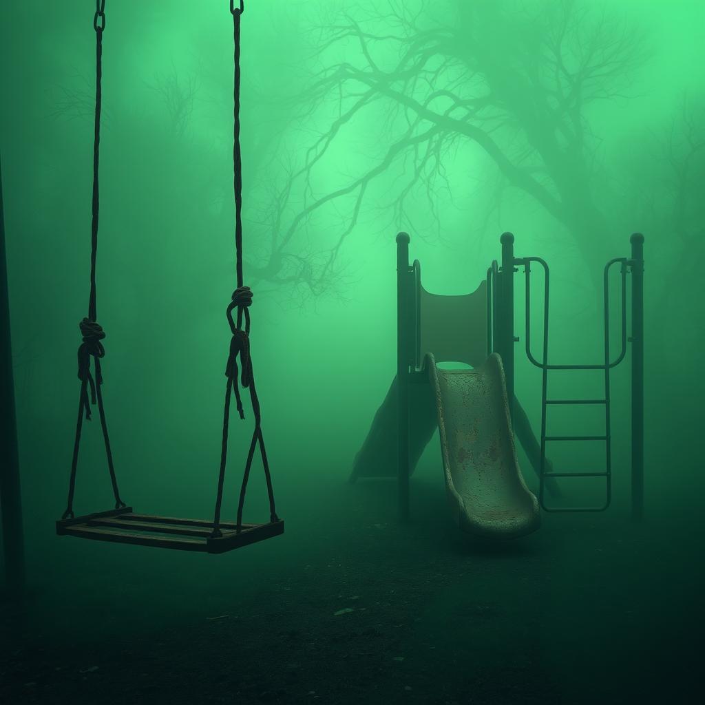 An atmospheric scene of an empty, rusty playground surrounded by thick, swirling green fog