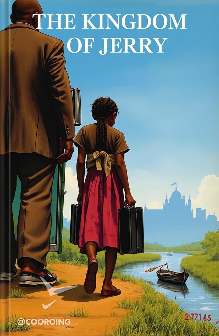 A tall, majestic black man and a black little girl, seen from behind, are walking towards an old, smog-emitting bus