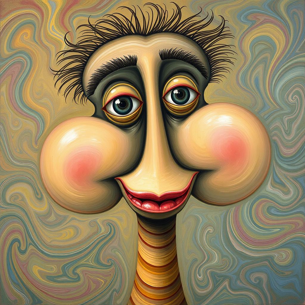A whimsical painting of a stylized face featuring enormous round cheeks and an exceptionally long neck, depicted using swirling patterns and vibrant colors to convey a sense of entropy