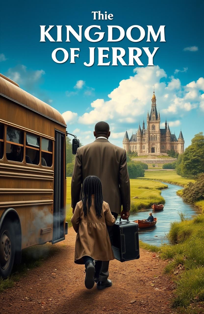 A tall, majestic black man and a little girl are walking towards an old bus, visible from behind