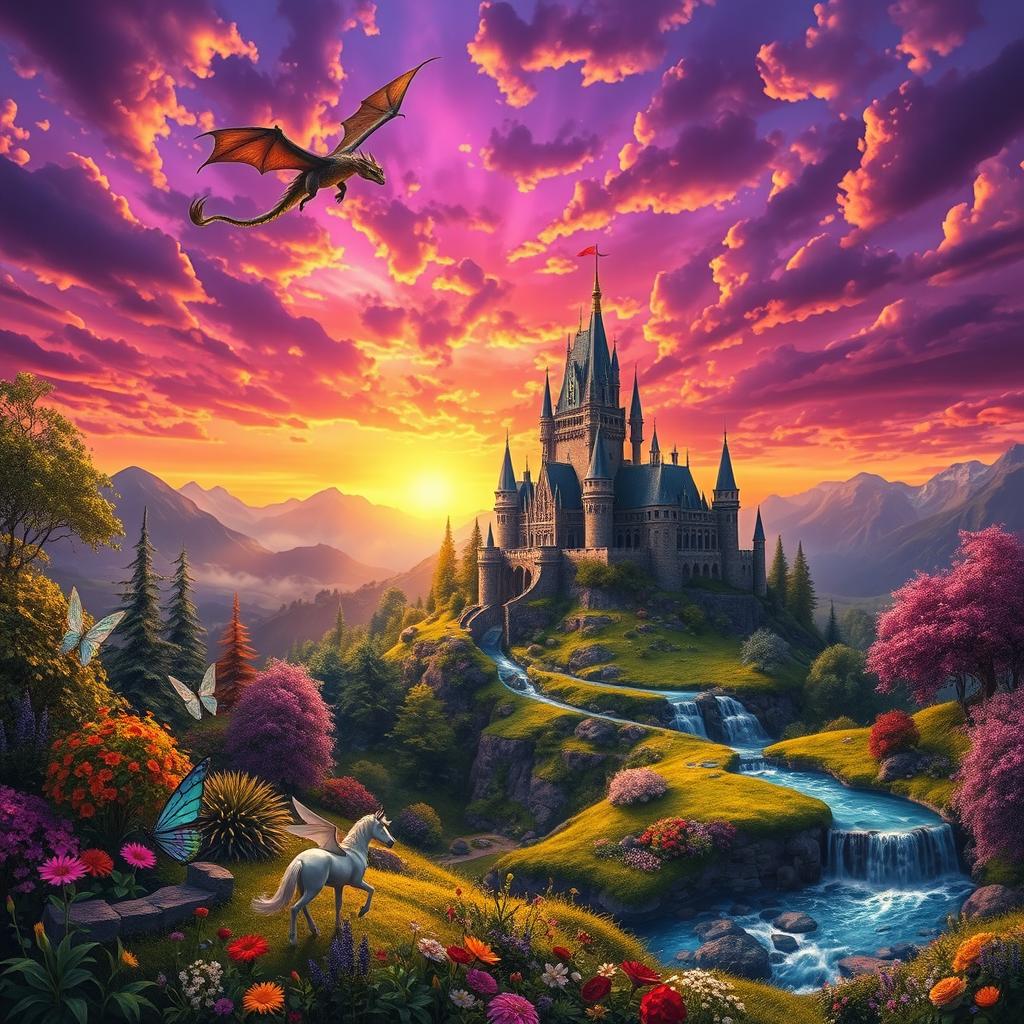 A vibrant fantasy landscape featuring a majestic castle on a hill surrounded by enchanted forests, with ethereal creatures like fairies and unicorns flitting about