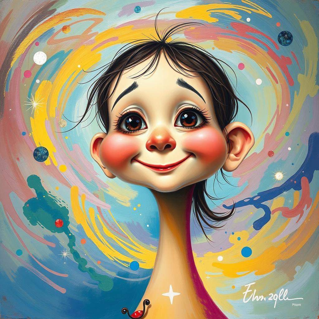 A whimsical painting of a girl's face featuring huge round cheeks and a very long neck, with a vibrant and colorful background that embodies the concept of entropy
