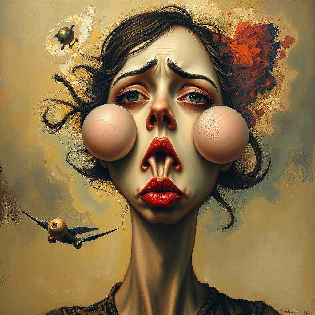 A surreal painting of a woman's face featuring huge round cheeks and an exceptionally long neck, conveying the concept of entropy through abstract elements