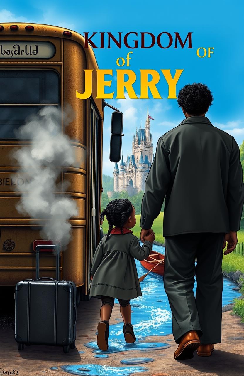 A tall majestic black man and a little black girl are walking towards an old bus, holding hands