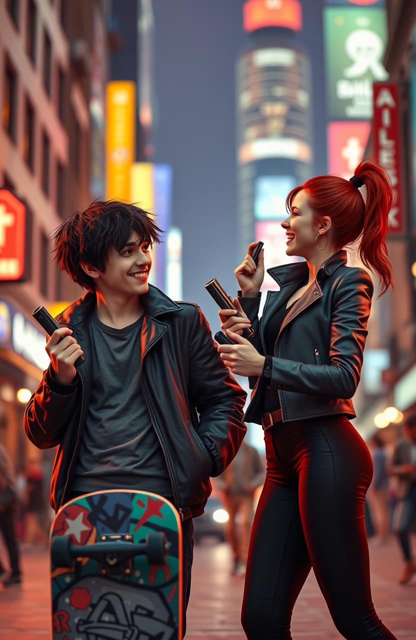 A romantic scene set in a bustling city, where two young spies, a charming teenage boy and a vibrant teenage girl, are playfully sparring in a friendly duel of wits