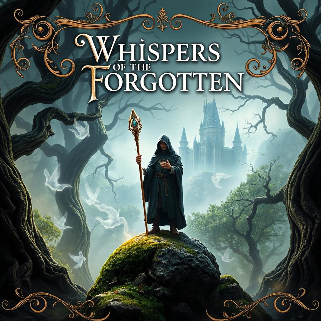 A stunning fantasy book cover for 'Whispers of the Forgotten'