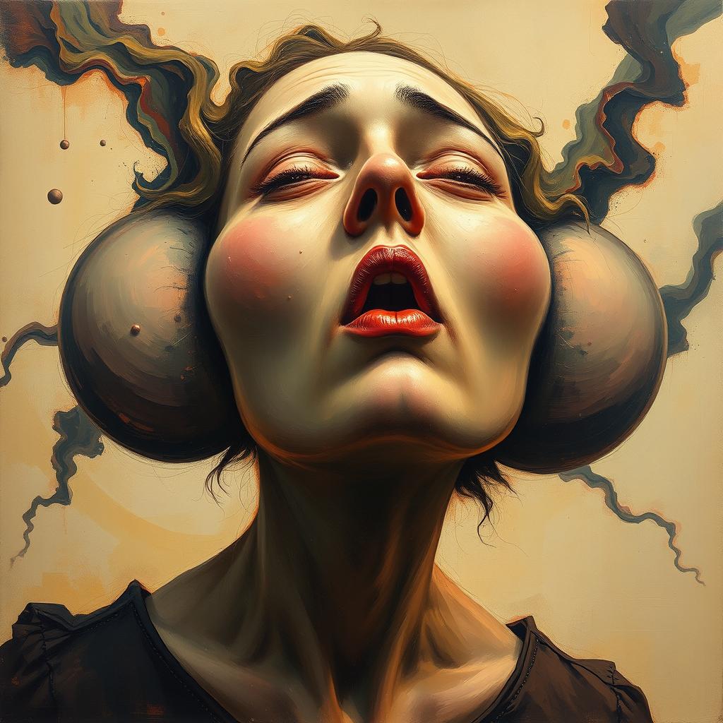 A surreal painting of a woman's face featuring huge round cheeks and an exceptionally long neck, embodying the concept of entropy
