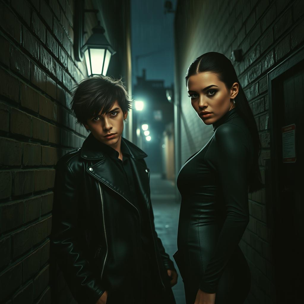 A dramatic and moody scene set in a shadowy alleyway, featuring two young spies caught in a romantic yet enigmatic moment